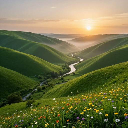 Photograph of a sunlit valley with rolling green hills, a winding river, and colorful wildflowers in the foreground at sunset.