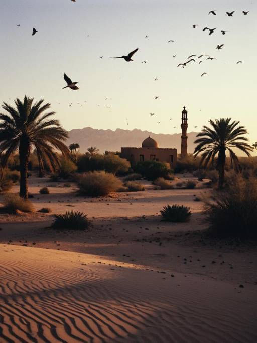 Desert Oasis at Dawn with Minaret and Birds