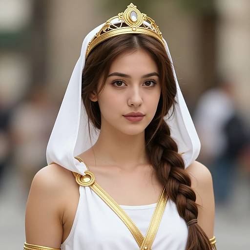 Photograph of a young woman with long brown hair in a braid, wearing a white and gold medieval-style dress and veil, gold tiara,