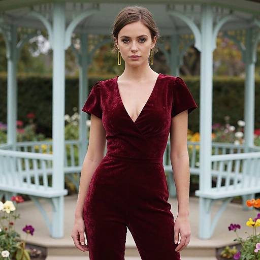 Photograph of a young woman with fair skin, brown hair in a bun, wearing a deep red velvet V-neck jumpsuit and gold earrings, standing