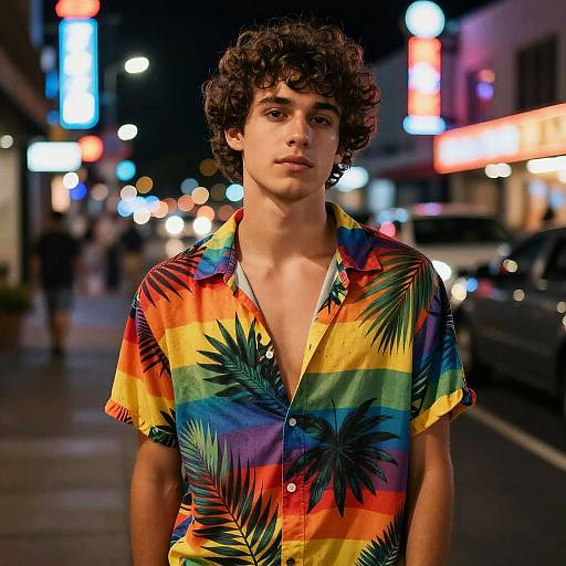 Photograph of a young man with curly dark hair, wearing a vibrant rainbow and palm leaf patterned shirt, standing on a neon-lit urban street