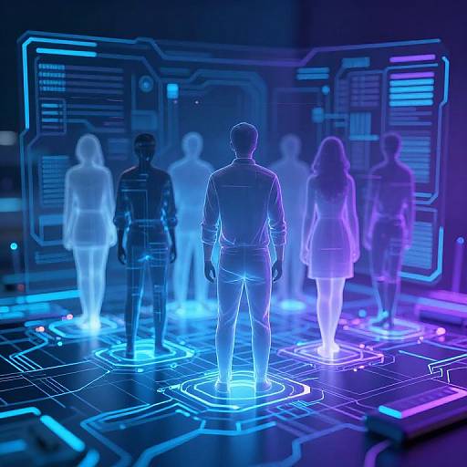 Digital illustration: Neon blue and purple holographic figures surround a central, backlit, silhouette of a person on a glowing, circuit-patterned floor.