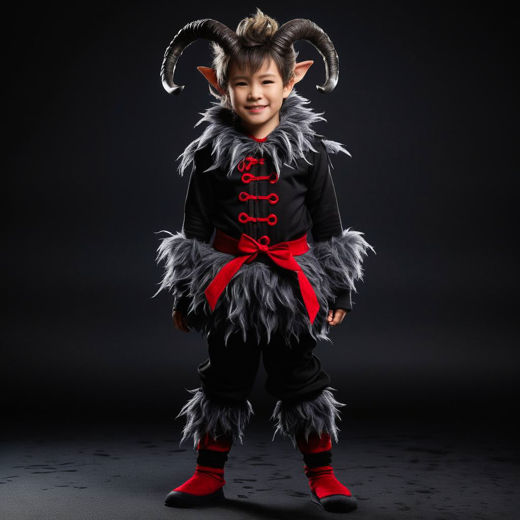 Mischievous Boy in Quirky Krampus Costume