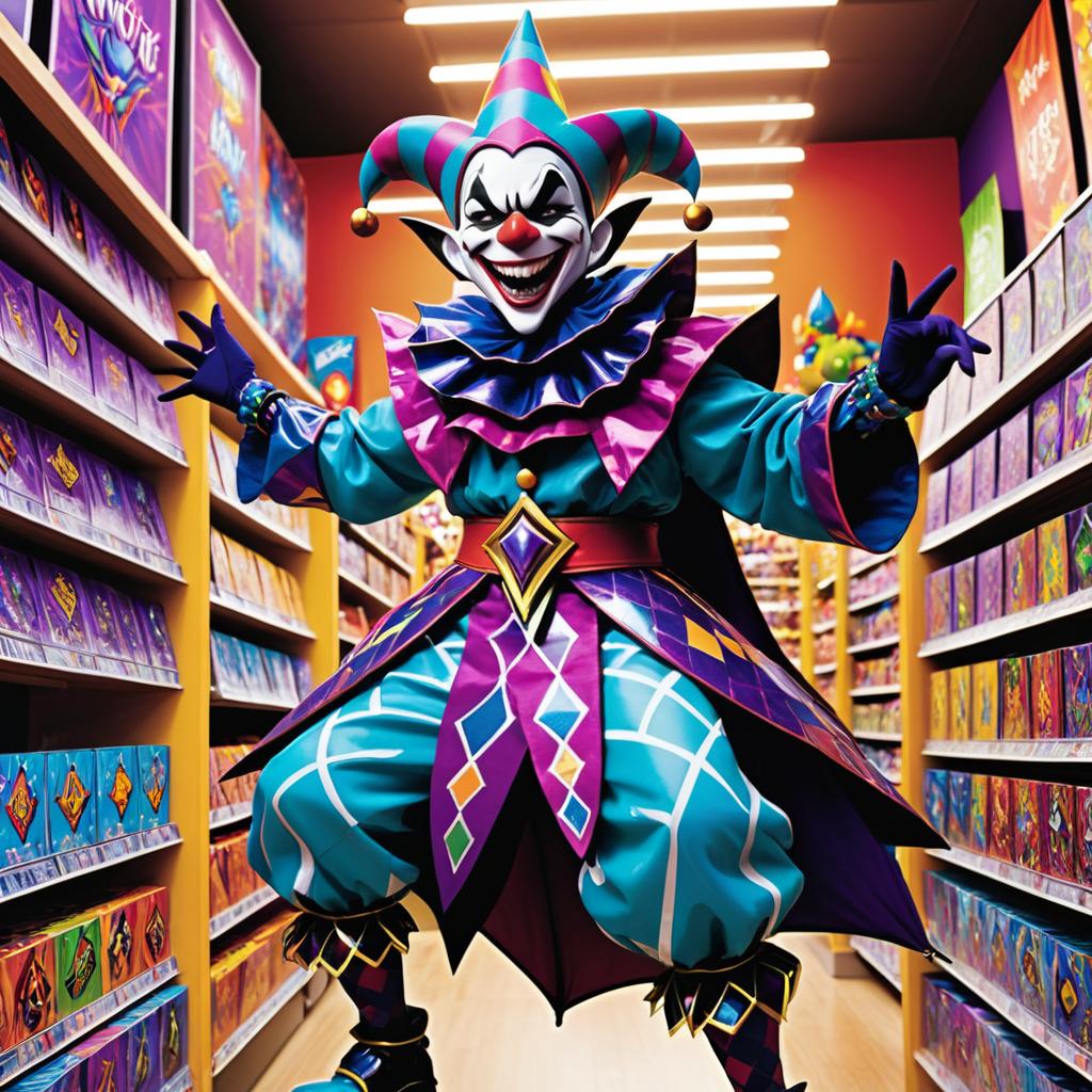 Sinister Jester in a Nightmarish Toy Store