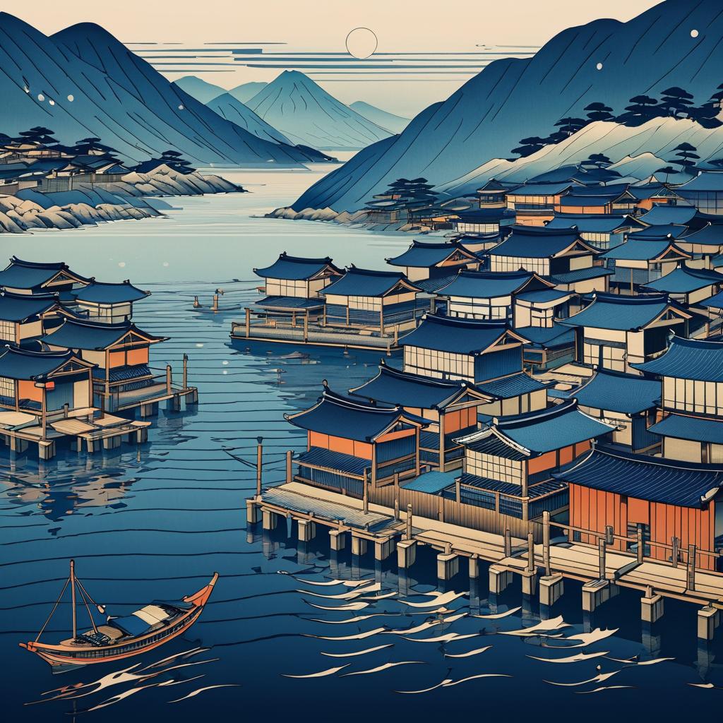 Ukiyo-e Fishing Village in Hokusai Style