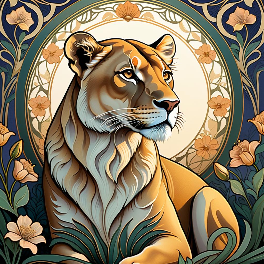 Regal Lioness Queen in Art Nouveau Style