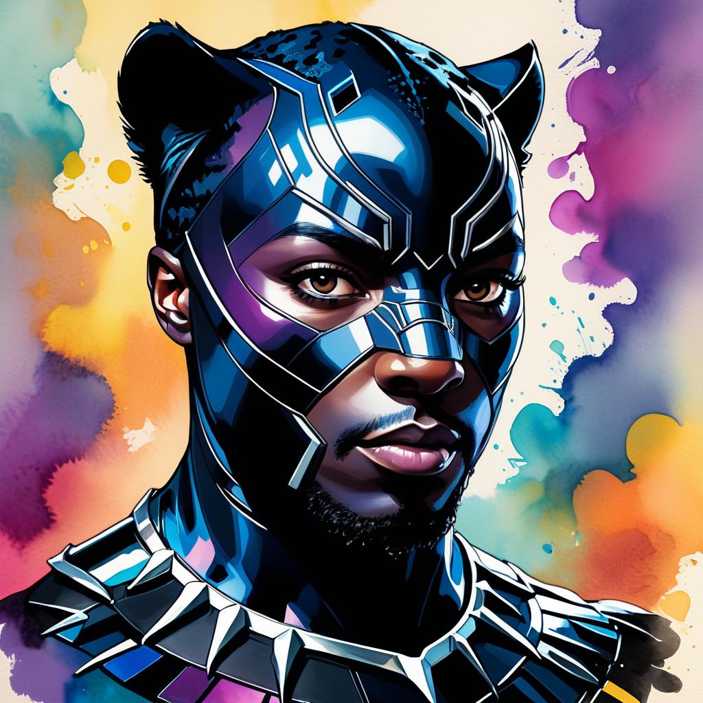 Vibrant Black Panther Portrait in Watercolor