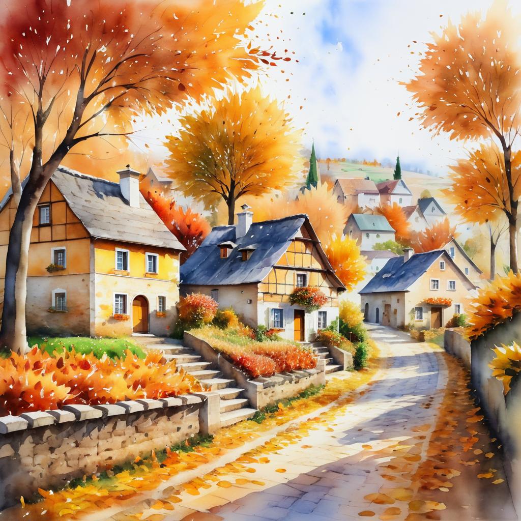 Autumn Village in Watercolor Impressionism