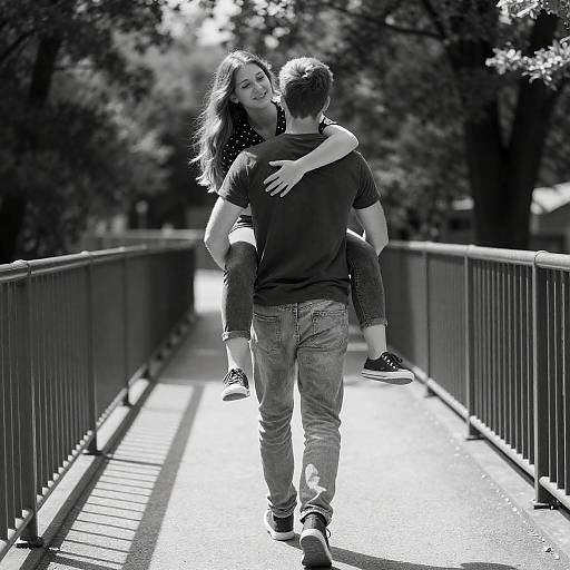Sunlit Black-and-White Couple Walk by Trees