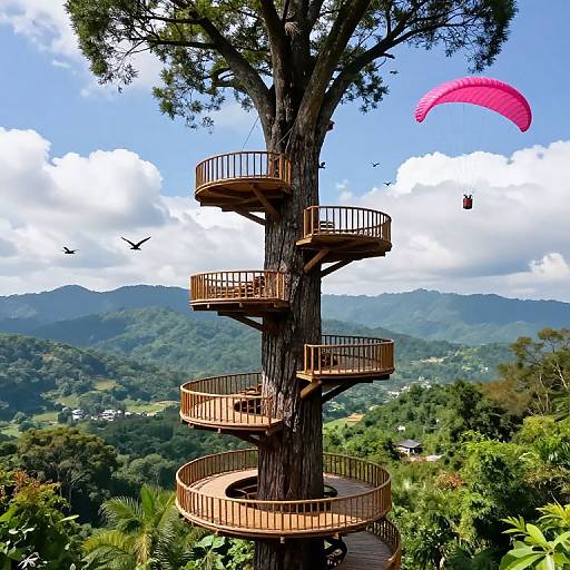 Spiraling Wooden Platforms on Tree with Pink Paraglider