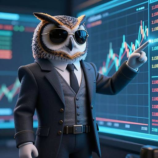 CGI image of a humanoid owl in a black suit, tie, and sunglasses, pointing at a colorful stock market graph.