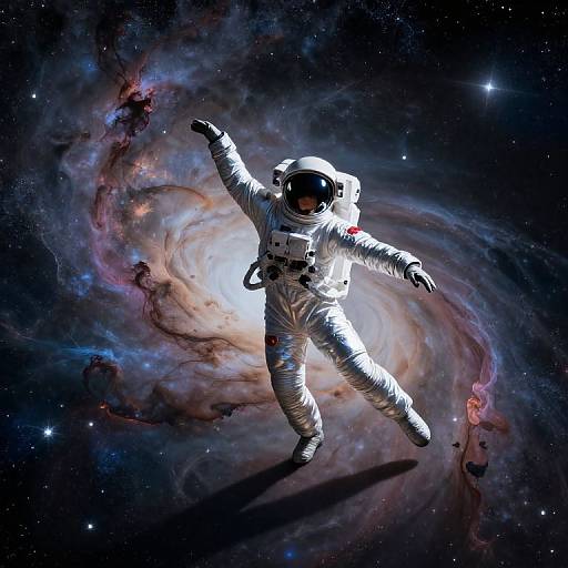 Astronaut floating in space, wearing a white spacesuit with a black helmet, surrounded by a vibrant, swirling galaxy with colorful nebulae and