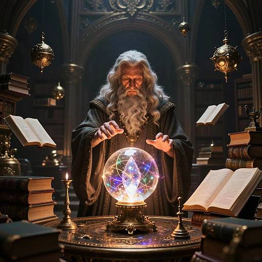 Ancient Magical Library with Wizard