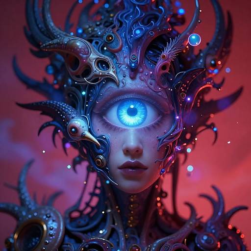 Digital artwork of a cyber-fantasy female with glowing blue eye, adorned in intricate, metallic, blue and red ornate headpiece against a vibrant red