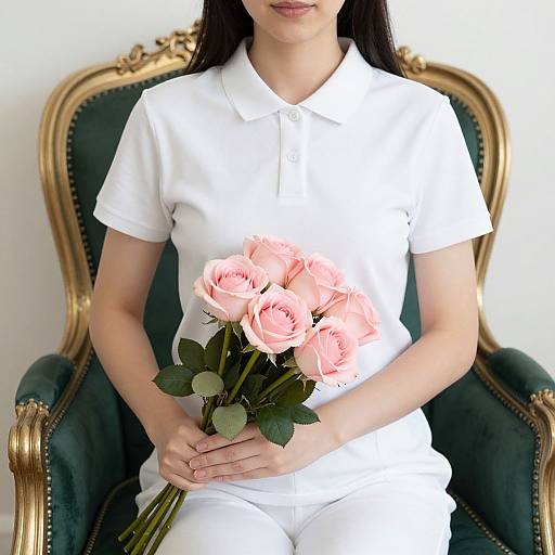 Photograph of an Asian woman in a white polo shirt, seated on an ornate green velvet chair, holding a bouquet of pink roses.