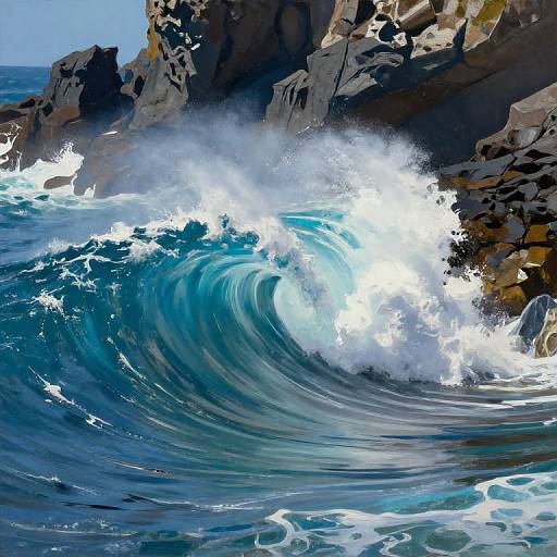 Photograph of a powerful blue ocean wave crashing against rocky cliffs, with white foam and sunlight highlighting the water's texture.