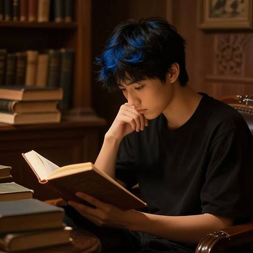 Photograph of an Asian boy with short blue-tinted black hair, wearing a black shirt, deeply focused reading a book in a dimly lit