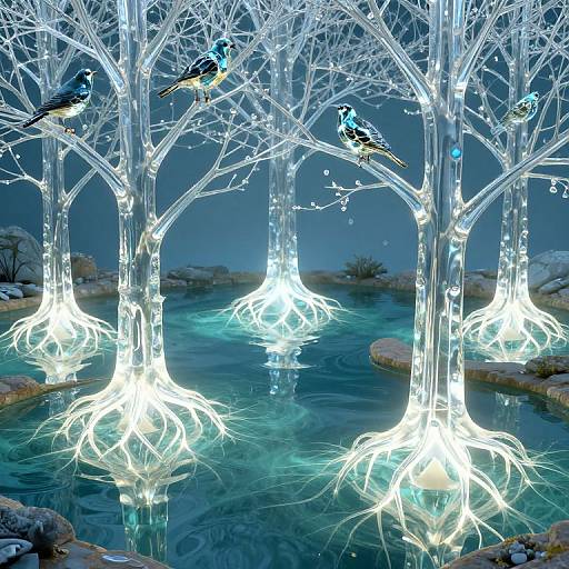 Photograph of glowing, translucent white trees with exposed roots in a reflective, blue-tinted water feature; three blue and black birds perched on