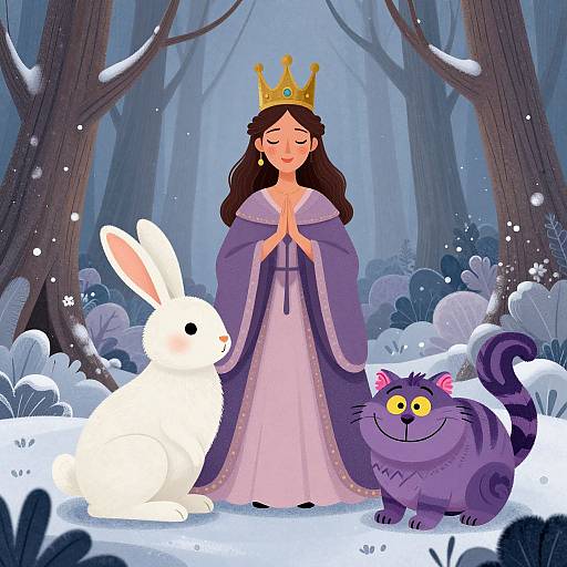 Digital illustration of a crowned princess in a purple cloak, standing in a snowy forest, with a white rabbit and purple cat.