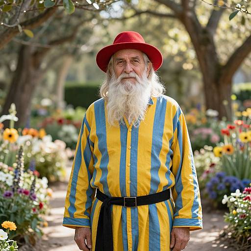Wise Man in Sunlit Flower Garden