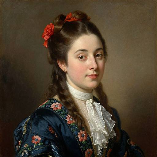 18th-century portrait of a young woman with fair skin, brown braided hair, red flower, floral gown, white ruffled collar, soft smile