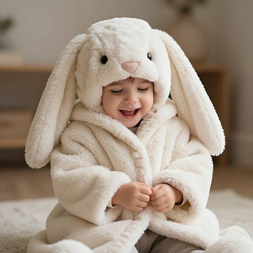 Photograph of a smiling baby in a fluffy white bunny onesie with long ears, sitting on a carpeted floor in a softly lit room.