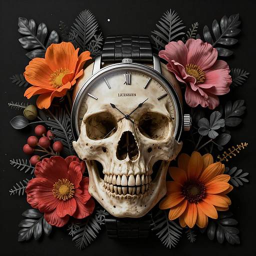 Surreal Skull Watch with Flowers