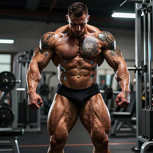 Cybernetic Enhanced Bodybuilder in Futuristic Gym