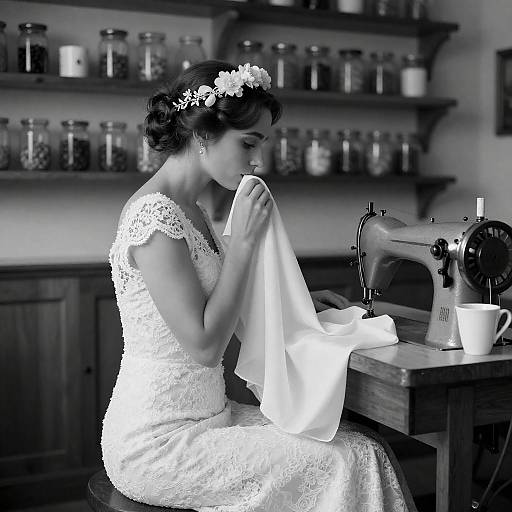 Elegant Bride at Work with Fabric