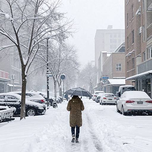 Photograph of a snowy urban street, showing a person in a brown coat and black umbrella walking away, with snow-covered cars and buildings on both sides