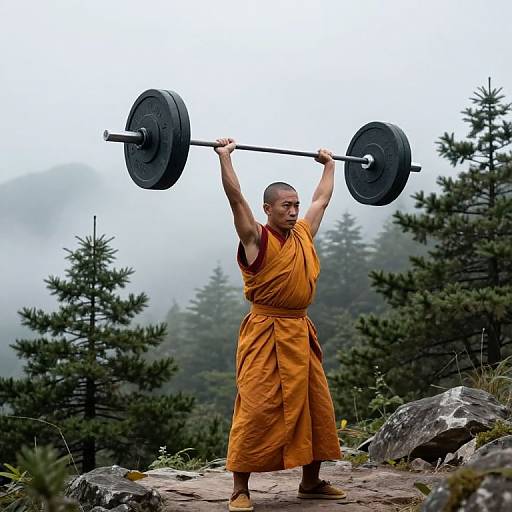 Monk Lifting Barbell in Misty Mountains
