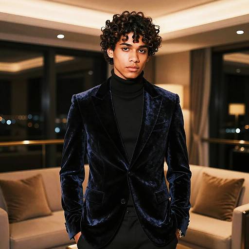 Photograph of a young Black man with curly hair, wearing a black velvet blazer over a black turtleneck, standing in a modern, dim