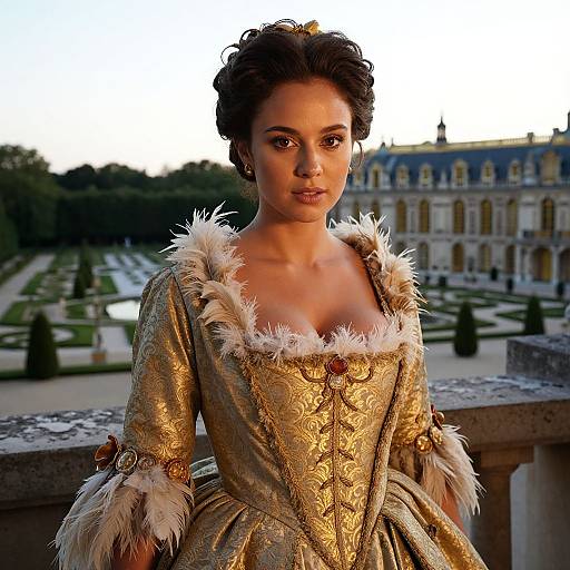 Photograph of a woman in an ornate, gold baroque dress with white feather trim, standing on a balcony overlooking a formal garden and grand ch