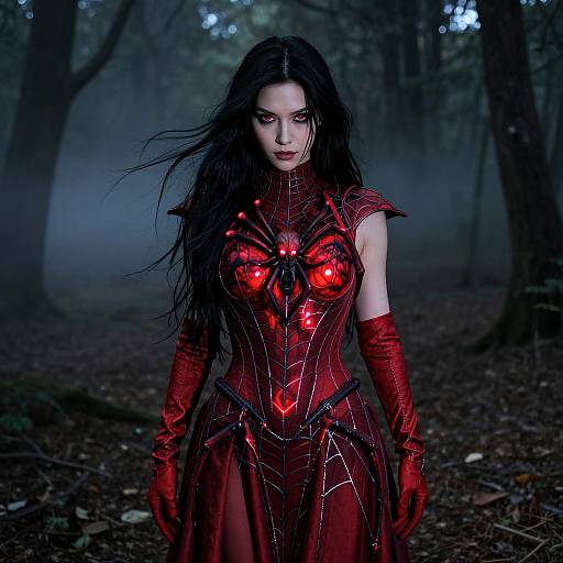 Photograph of a pale-skinned woman with long black hair, wearing a red, glowing, armored dress and gloves, standing in a dark, mist