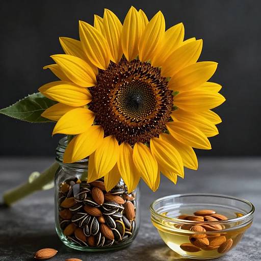 Photograph of vibrant yellow sunflower in a jar with almonds, beside a glass bowl of almond milk and loose almonds.