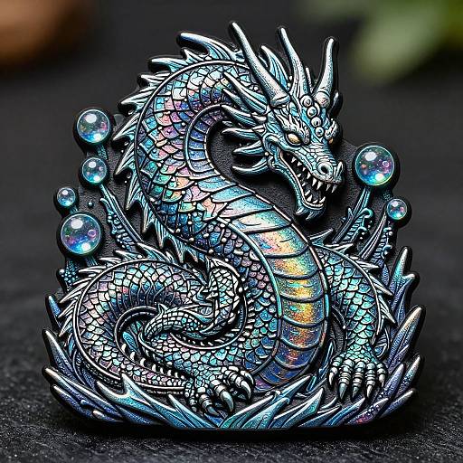 Photograph of a detailed, metallic, iridescent dragon sculpture with sharp spikes, colorful scales, and floating glass bubbles on a black background.