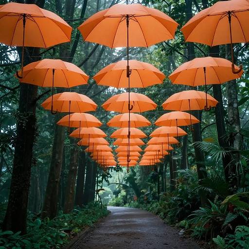 Photograph of a forest path lined with vibrant orange umbrellas hanging overhead, creating a striking contrast against lush green trees.