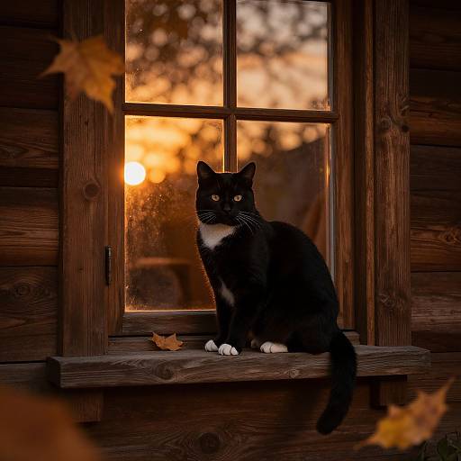 Elegant Black Cat on Rustic Windowsill