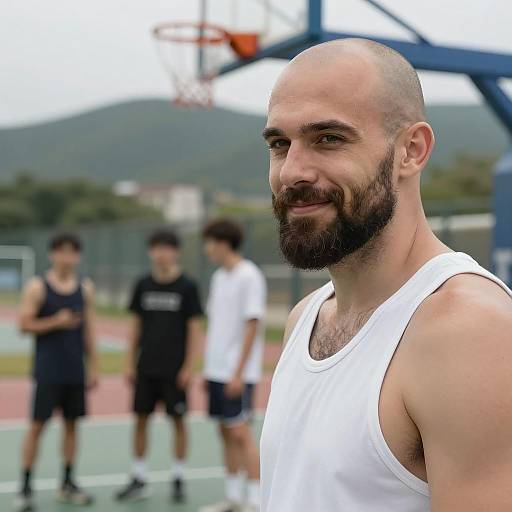 Bearded man in white tank top on basketball court