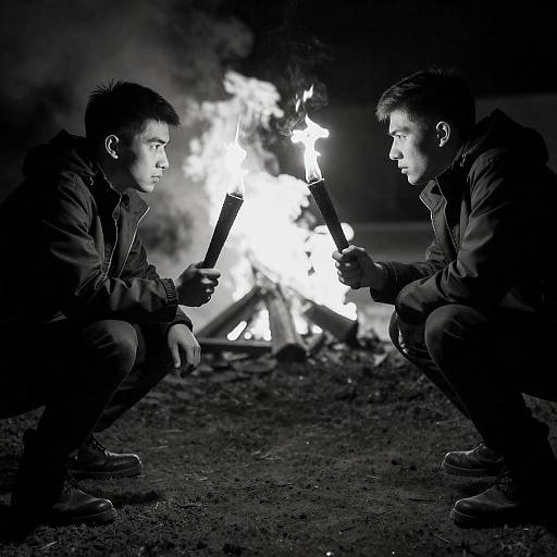 Torchlit Confrontation Between Two Men