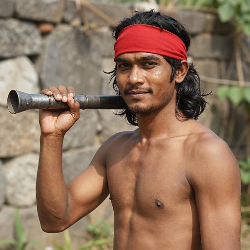 Muscular Man Outdoors with Pipe and Headband