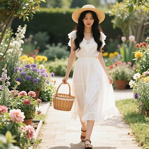 Photograph of an Asian woman with long black hair, wearing a white dress and straw hat, carrying a wicker basket, walking through a vibrant,