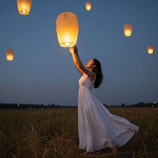 Photograph of a woman in a white dress releasing glowing paper lanterns in a field at dusk, with a clear blue sky.