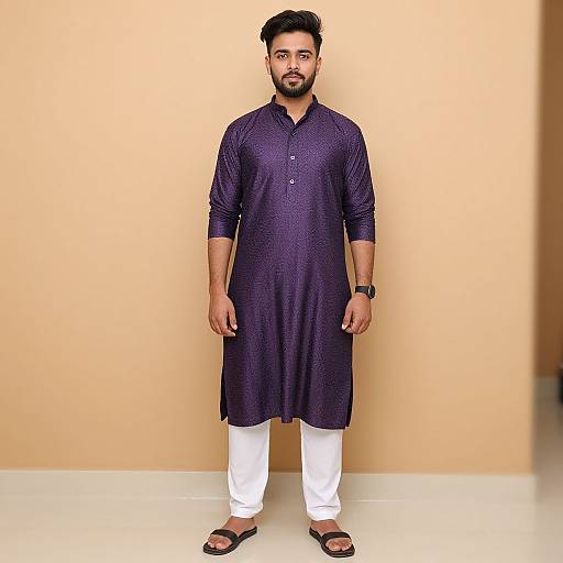 Photograph of a bearded South Asian man with short black hair, wearing a dark purple kurtah, white pants, and black sandals, standing