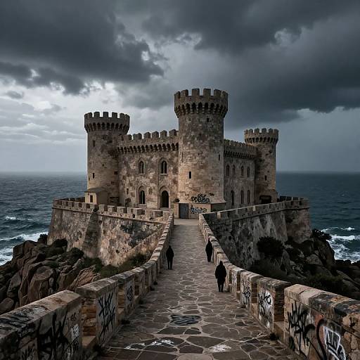 Photograph of a stone medieval castle with crenellated towers, graffiti-covered stone pathway, and stormy ocean backdrop, under dramatic, cloudy sky