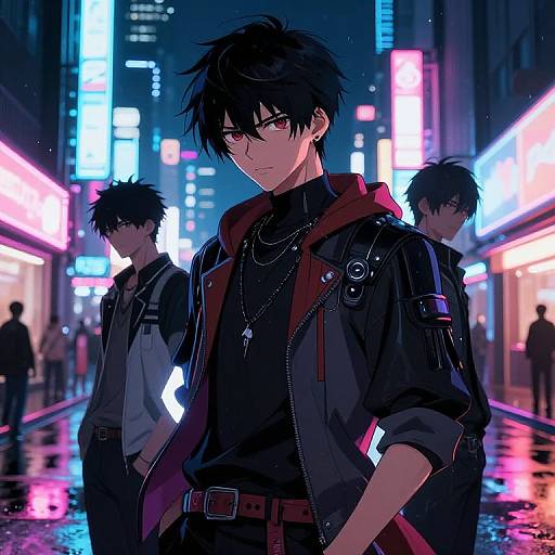 Neon-lit cyberpunk cityscape: focused young man with black hair, red eyes, and dark jacket stands foreground, two blurred figures behind.