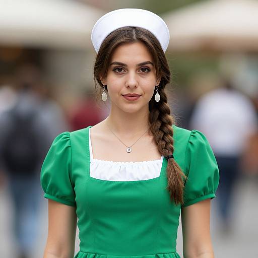 Photograph of a young woman with olive skin, dark brown hair in a braid, wearing a green dress, white beret, and dangling earrings