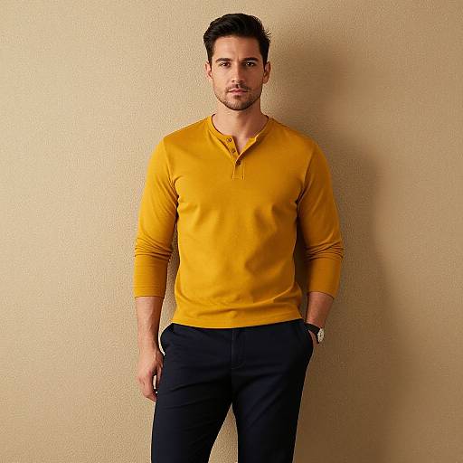 Photograph of a handsome, young Caucasian man with short, dark hair, wearing a mustard yellow long-sleeve polo shirt and black pants, standing