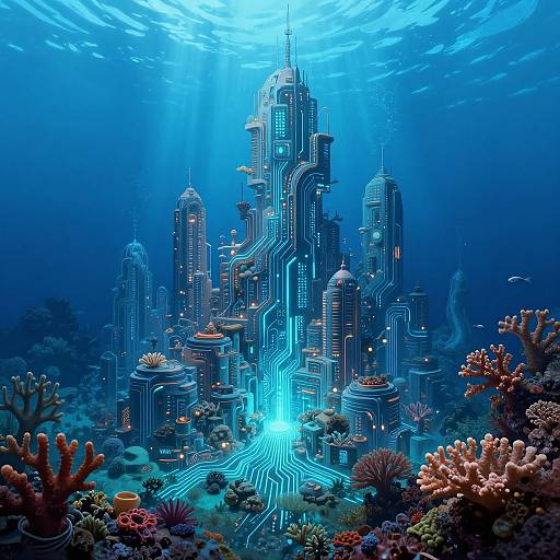 Digital art of a futuristic underwater city with glowing blue neon lights, surrounded by colorful coral reefs and marine life, bathed in sunlight filtering from the surface