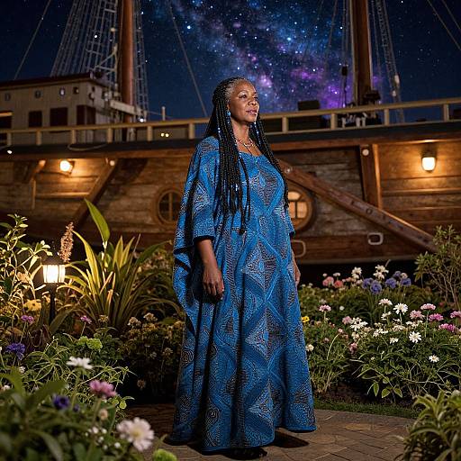Photograph of a dark-skinned woman with long braids in a blue, patterned floor-length dress, standing in a flower garden at night,